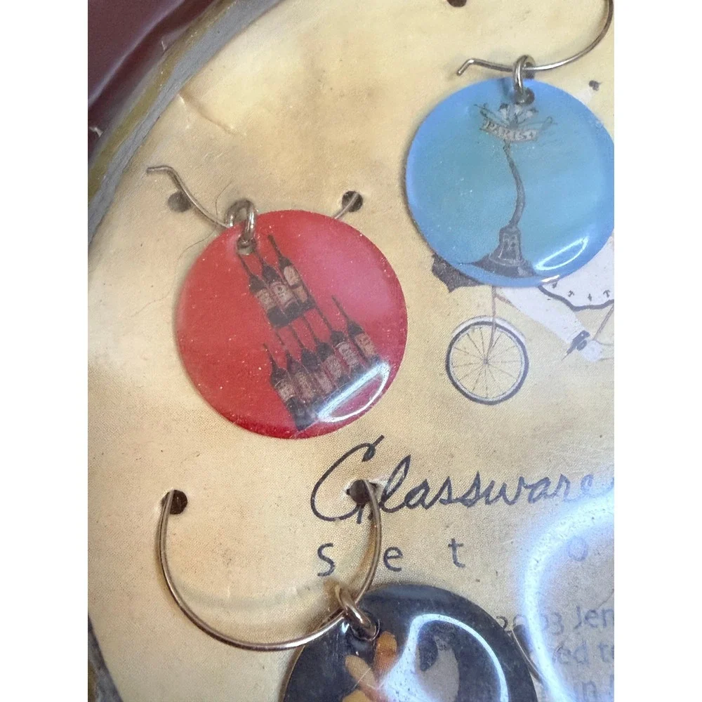 Jennifer Garant Glassware Wine Charms Set‎ of 6 French Bistro Art 2003 Vintage
